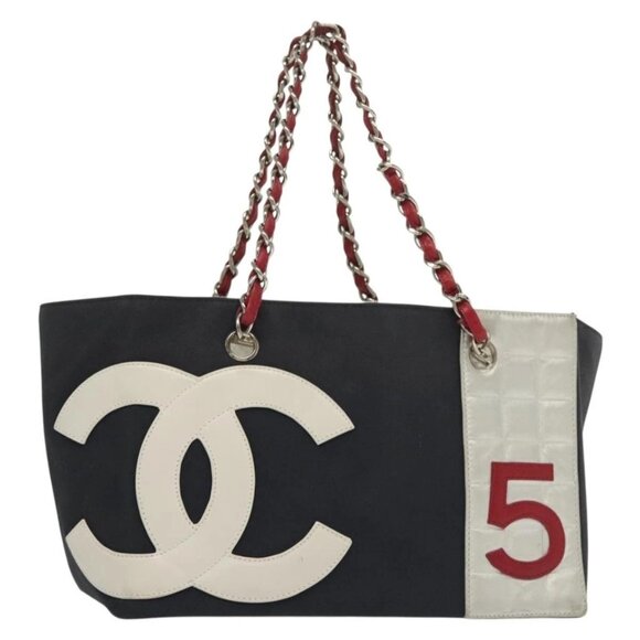 CHANEL Choco Bar Chain Tote Bag No5 Canvas Navy Silver CC Auth 139354 - Picture 1 of 16